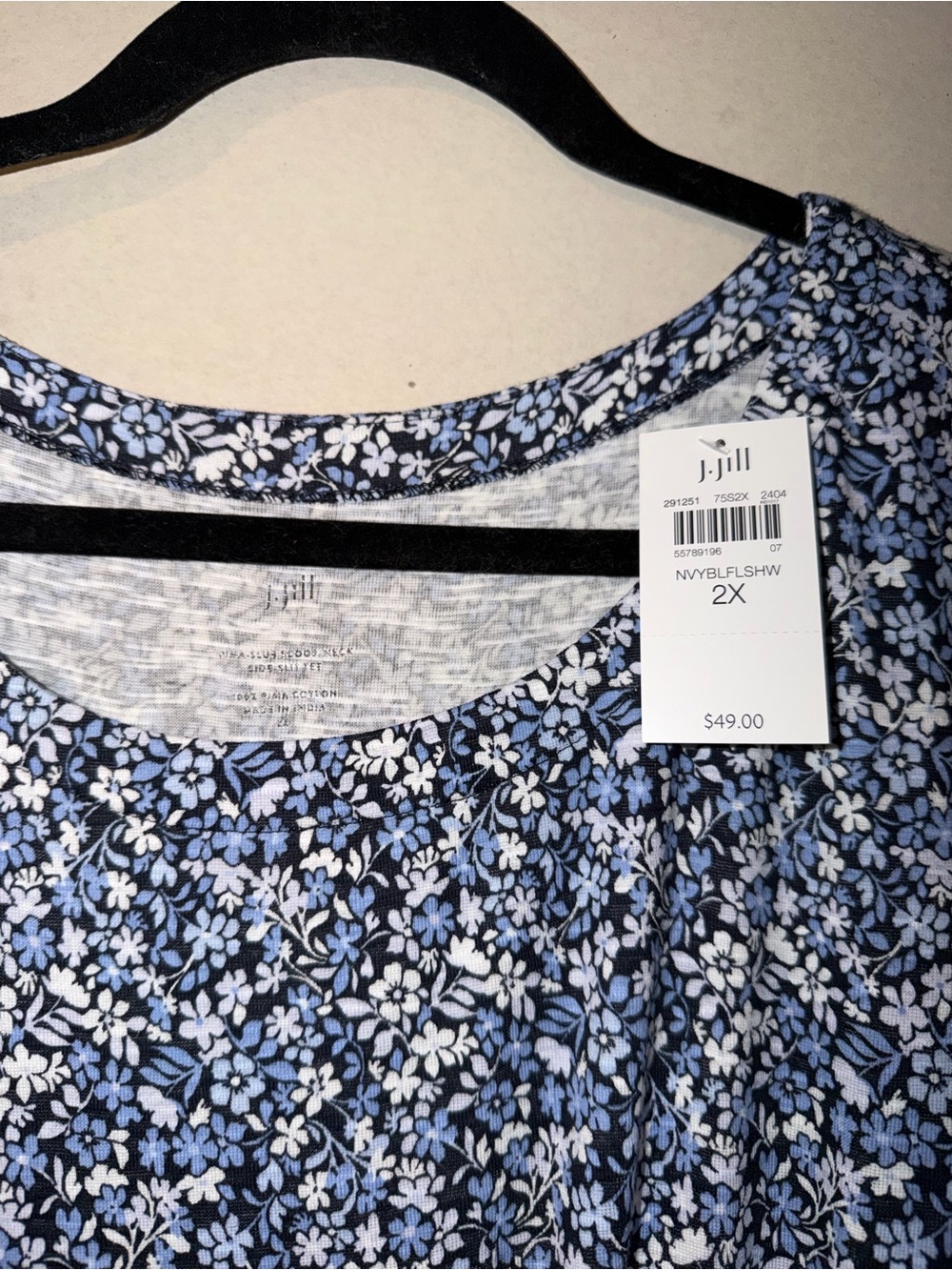 J. Jill Navy and Light Blue Floral Scoop Neck Top